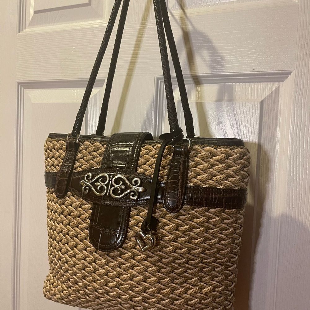 Brighton Woven Tri Color Straw tote bag, brown leather straps & trims . - Picture 3 of 13
